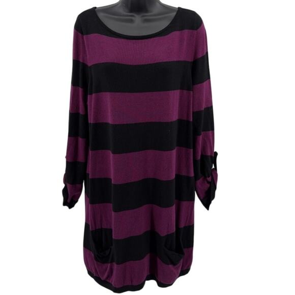 Caslon Dresses & Skirts - Caslon Sweater Tunic Womens L Berry Black Striped Roll Tab Sleeves Knit Pullover